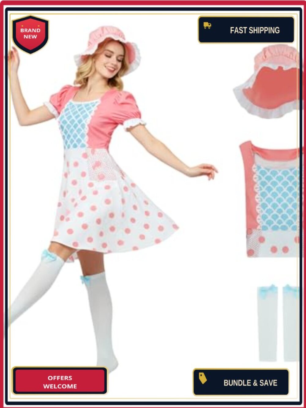 Women's Bo Peep Costume Shepherdess Polka Dot Dress Bonnet Stockings Halloween